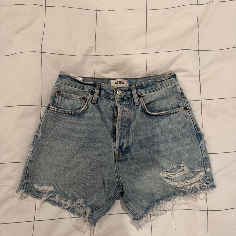 Agolde Light Wash High-Rise Distressed Denim Shorts